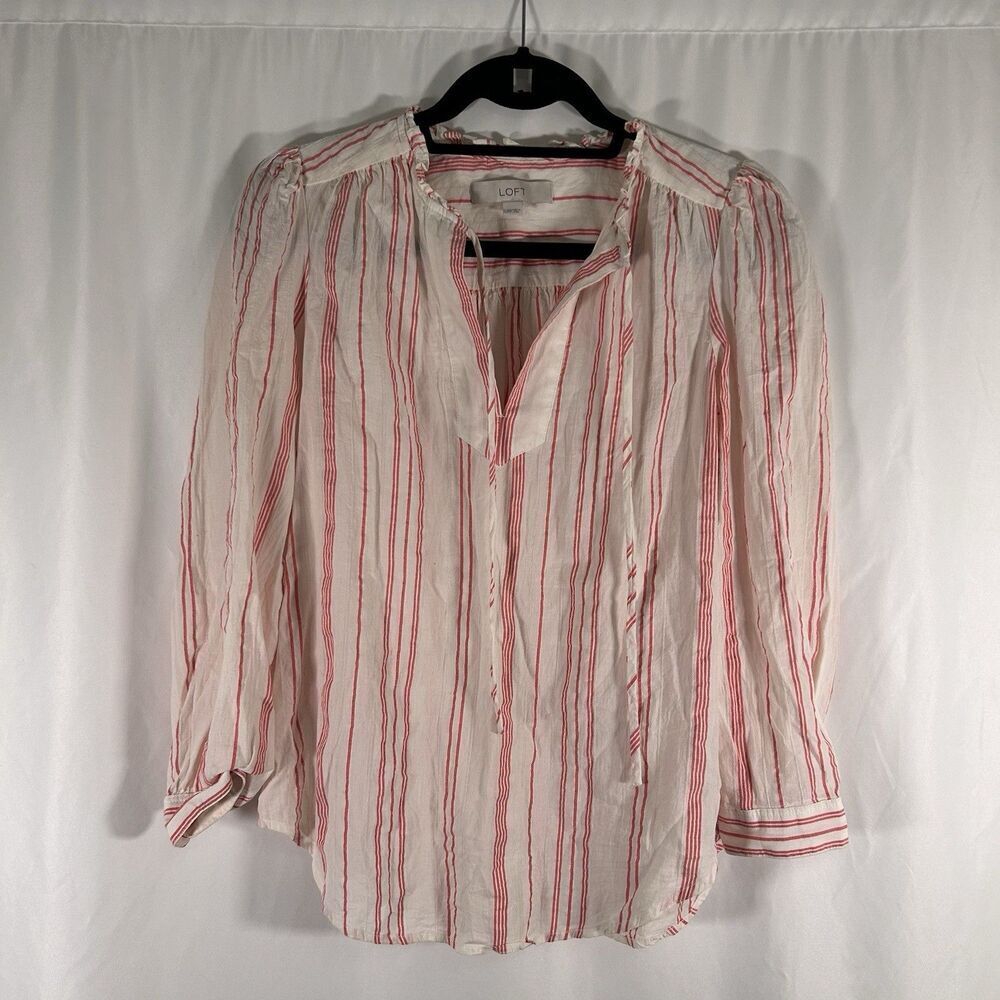 Loft Blouse Women's XS Ivory Red Striped Tassels Vneck 100% Cotton Pullover